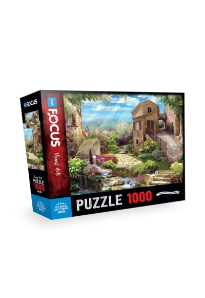 Blue Focus Old Houses And Flowers - Puzzle 1000 Parça