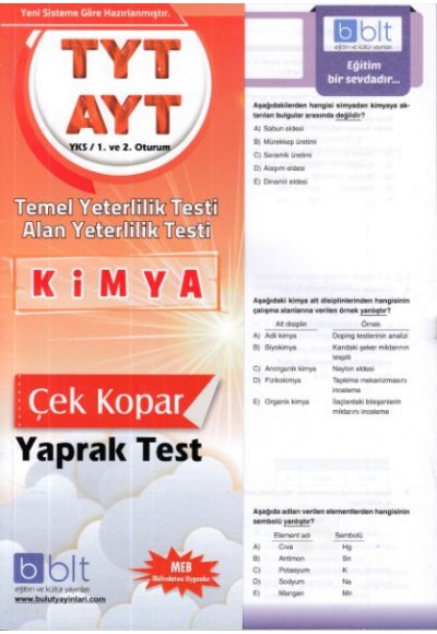 Bulut TYT AYT Kimya Yaprak Test 1. ve 2. Oturum ( Yeni)